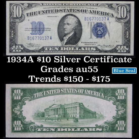 1934A $10 Blue Seal Silver certificate Grades Choice AU (fc)