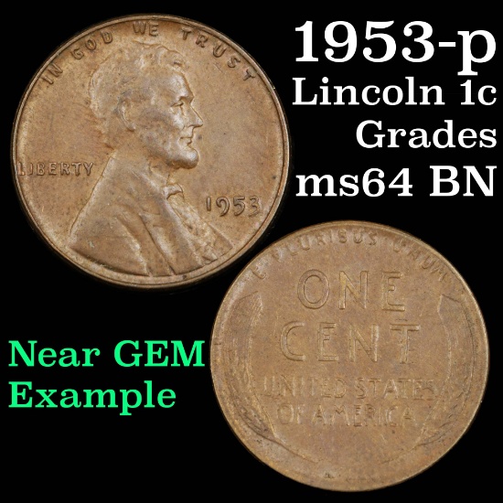 1953-p Lincoln Cent 1c Grades Choice Unc BN