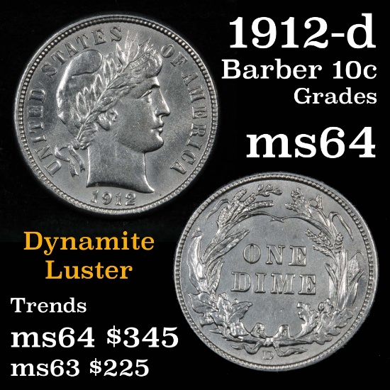 1912-d Barber Dime 10c Grades Choice Unc (fc)