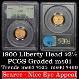 PCGS 1900-p Gold Liberty Quarter Eagle $2 1/2 Graded ms61 By PCGS