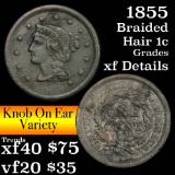 1855 Slanting 5's, Knob on ear Braided Hair Large Cent 1c Grades xf details