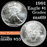 1991 Silver Eagle Dollar $1 Grades ms69