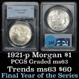 PCGS 1921-p Morgan Dollar $1 Graded ms63 By PCGS
