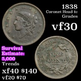 1838 Coronet Head Large Cent 1c Grades vf++