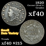 1820 Small date Coronet Head Large Cent 1c Grades xf (fc)