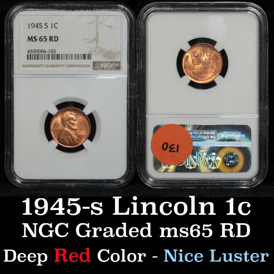 NGC 1945-s Lincoln Cent 1c Graded ms65 RD by NGC
