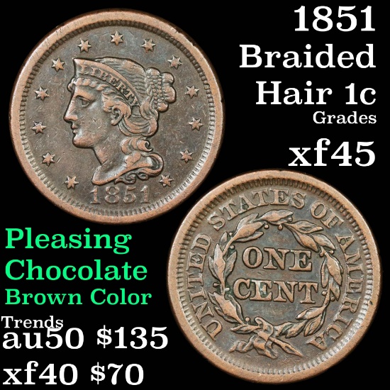 1851 Braided Hair Large Cent 1c Grades xf+