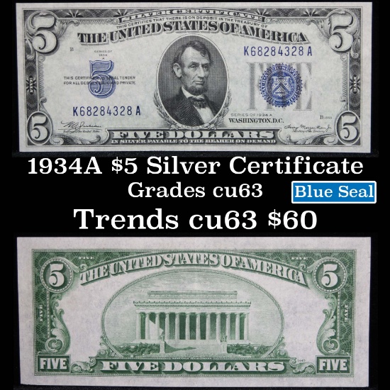 1934A $5 Blue Seal Silver Certificate Grades Select CU