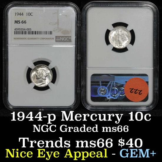 NGC 1944-p Mercury Dime 10c Graded ms66 by NGC