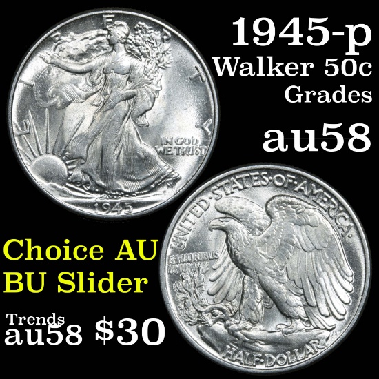 1945-p Walking Liberty Half Dollar 50c Grades Choice AU/BU Slider