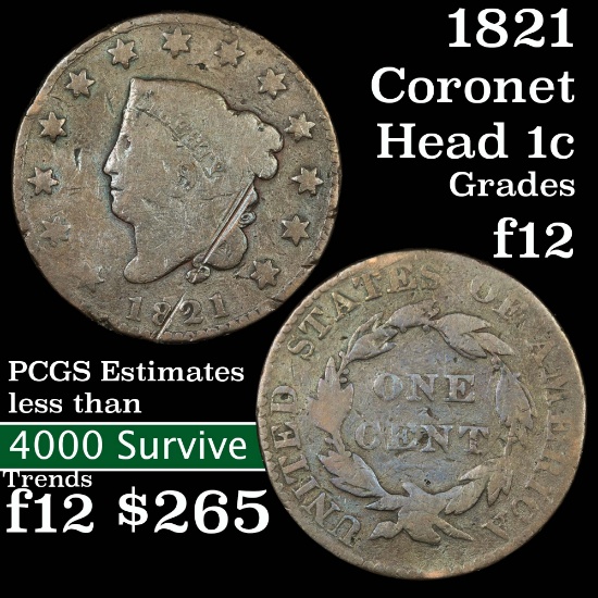1821 Coronet Head Large Cent 1c Grades f, fine