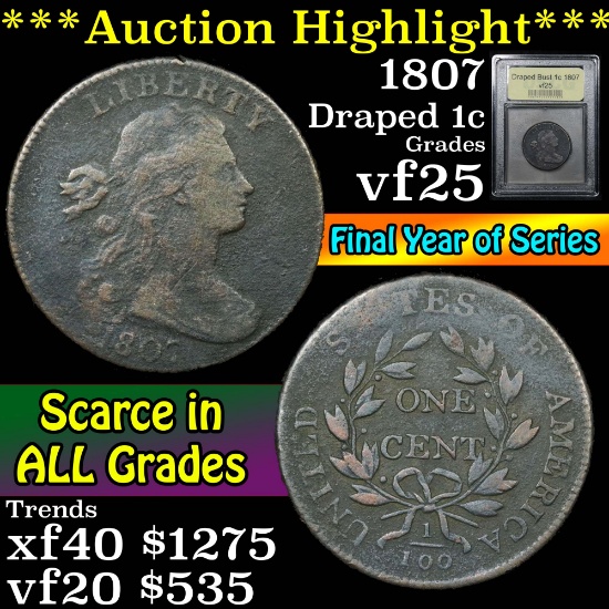 ***Auction Highlight*** 1807 Draped Bust Large Cent 1c Graded vf+ By USCG (fc)