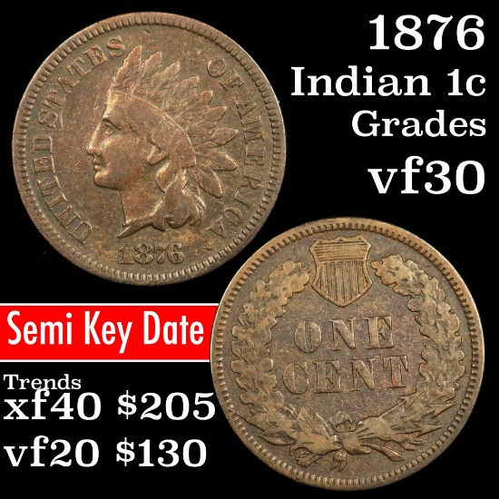 1876 Indian Cent 1c Grades vf++