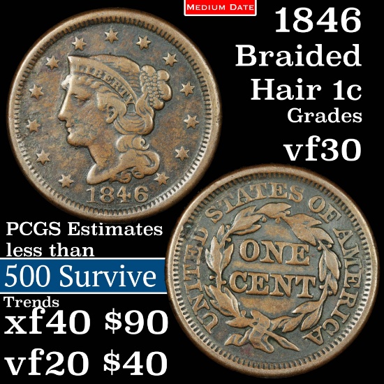 1846 Medium date Braided Hair Large Cent 1c Grades vf++