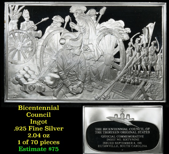 Bicentennial Council 13 orig States Ingot #69, Battle Of Eutaw Springs, SC - 1.84 oz sterling silver