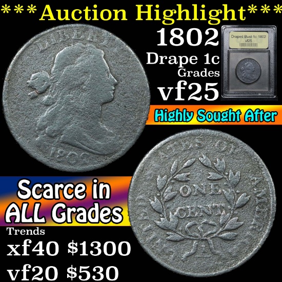 ***Auction Highlight*** 1802 Draped Bust Large Cent 1c Graded vf+ By USCG (fc)