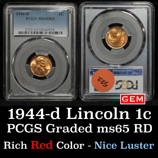 PCGS 1944-d Lincoln Cent 1c Graded ms65 RD by PCGS