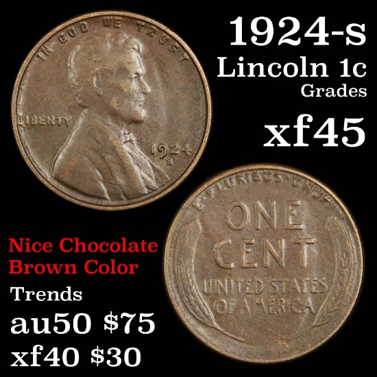 1924-s Lincoln Cent 1c Grades xf+