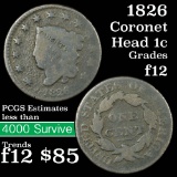 1826 Coronet Head Large Cent 1c Grades f, fine