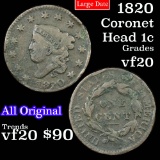 1820 Coronet Head Large Cent 1c Grades vf, very fine