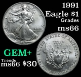 1991 Silver Eagle Dollar $1 Grades GEM+ Unc