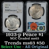 NGC 1923-p Peace Dollar $1 Graded ms63 by NGC
