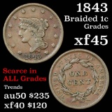 1843 Braided Hair Large Cent 1c Grades xf+
