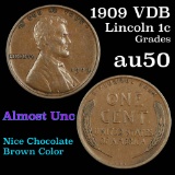 1909 VDB Lincoln Cent 1c Grades AU, Almost Unc
