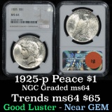 NGC 1925-p Peace Dollar $1 Graded ms64 by NGC