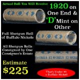 Full roll of Buffalo Nickels, 1920 on one end & a 'd' Mint reverse on other end (fc)