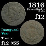 1816 Coronet Head Large Cent 1c Grades f, fine
