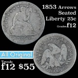 1853 Arrows & Rays Seated Liberty Quarter 25c Grades f, fine