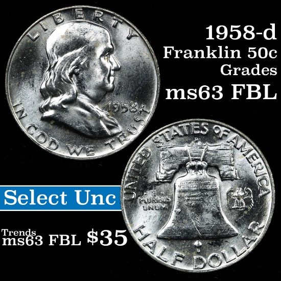1958-d Franklin Half Dollar 50c Grades Select Unc FBL