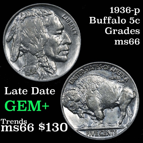 1936-p Buffalo Nickel 5c Grades GEM+ Unc