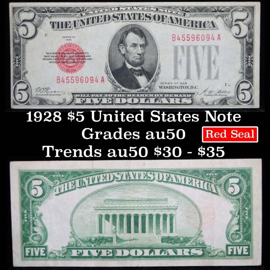 1928 $5 Red Seal United States Note Grades AU, Almost Unc