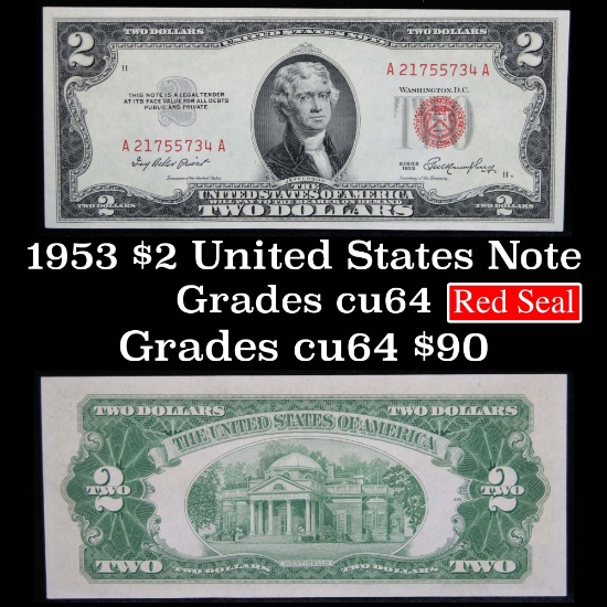 1953 $2 Red Seal United States Note Grades Choice CU