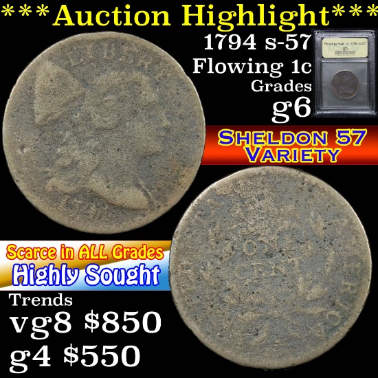 ***Auction Highlight*** 1794 s-57 Flowing Hair large cent 1c Graded g+ By USCG (fc)