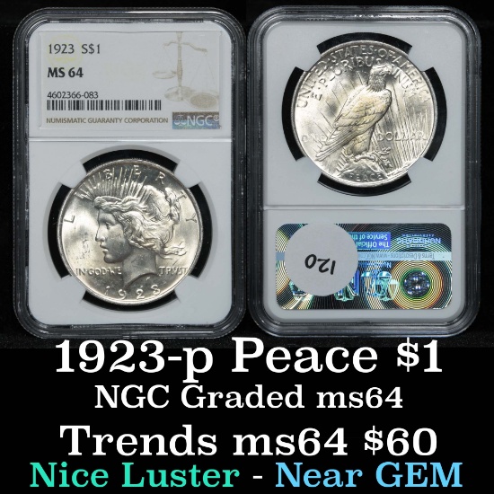 NGC 1923-p Peace Dollar $1 Graded ms64 By NGC