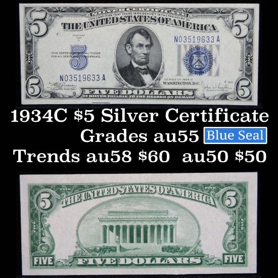 1934C $5 Blue Seal Silver Certificate Grades Choice AU