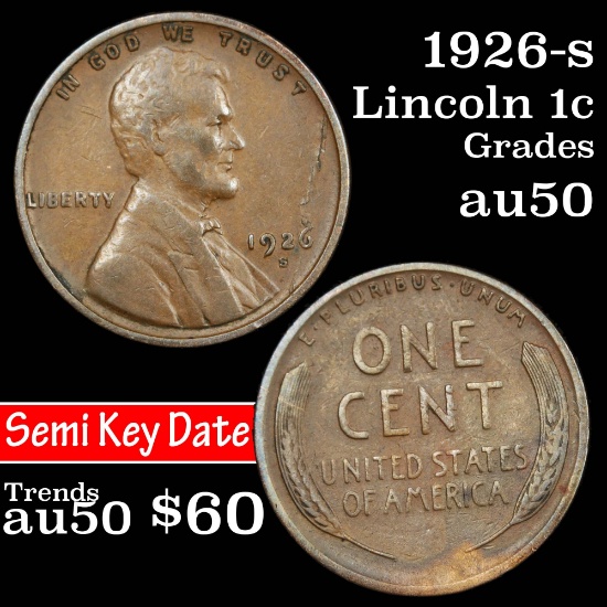 1926-s Lincoln Cent 1c Grades AU, Almost Unc