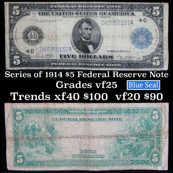 Series of 1914 $5 Blue Seal Federal Reserve Note, Cleveland Ohio Grades vf+