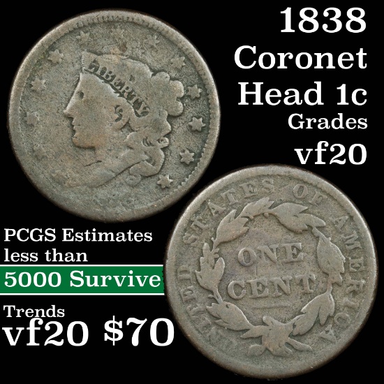 1838 Coronet Head Large Cent 1c Grades vf, very fine