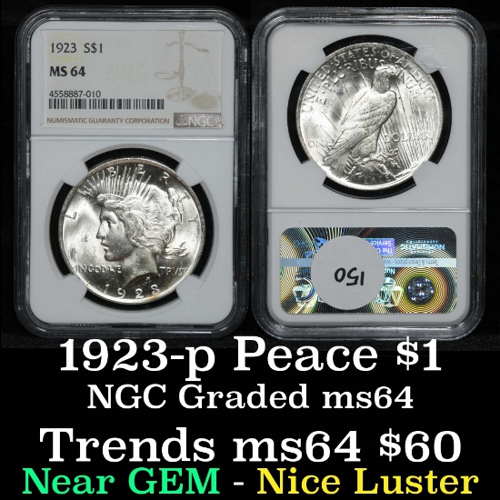 NGC 1923-p Peace Dollar $1 Graded ms64 By NGC