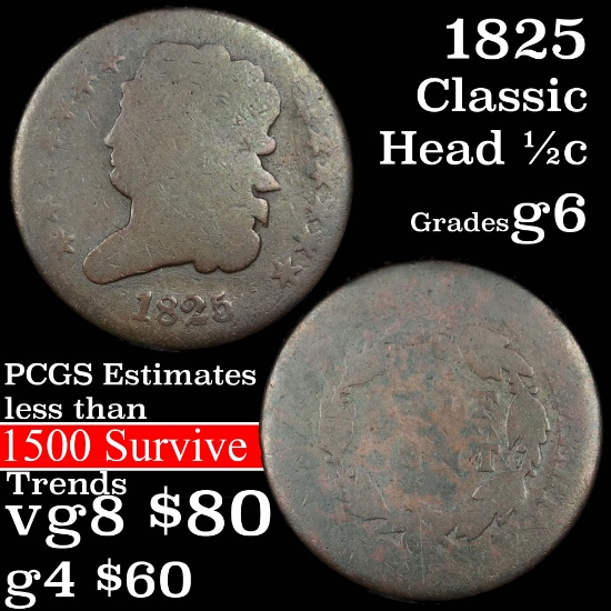 1825 Classic Head half cent 1/2c Grades g+