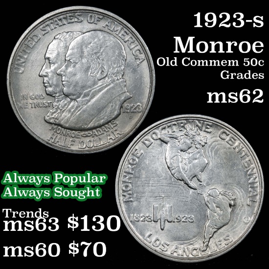 1923-s Monroe Old Commem Half Dollar 50c Grades Select Unc