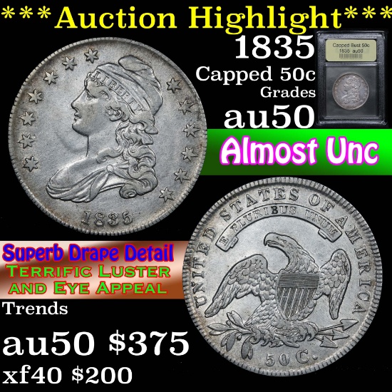 1835 Capped Bust Half Dollar 50c Graded AU, Almost Unc By USCG (fc)