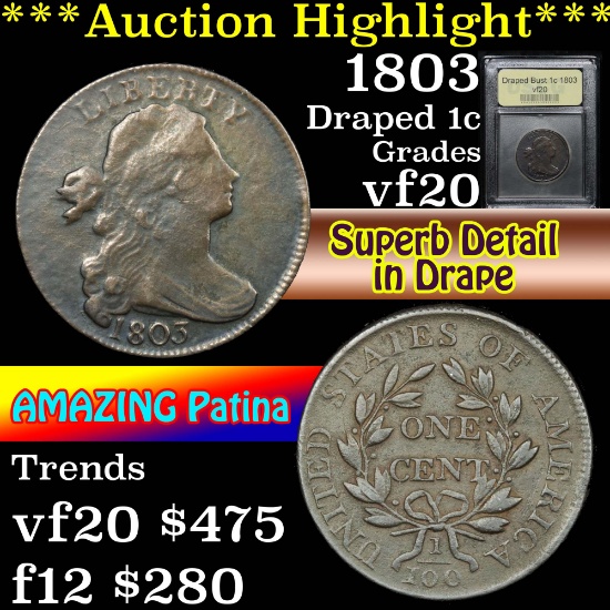 ***Auction Highlight*** 1803 Draped Bust Large Cent 1c Graded vf, very fine By USCG (fc)