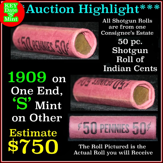 ***Auction Highlight*** Indian 1c Shotgun Roll, 1909 end, KEY date 's' mint on the other, Wow! (fc)