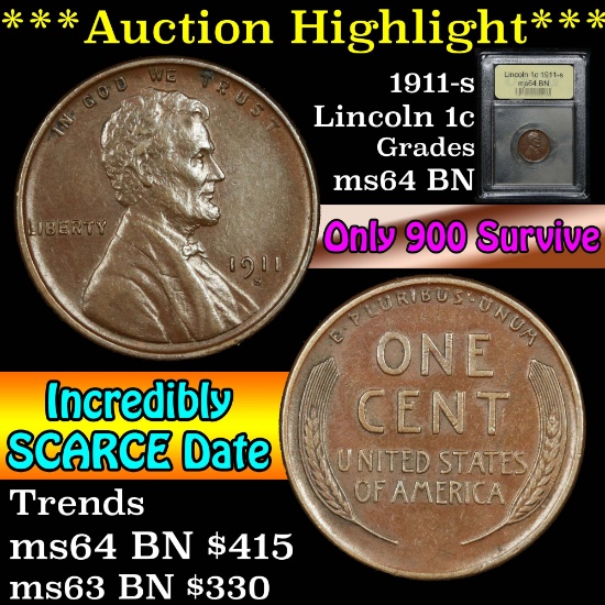 ***Auction Highlight*** 1911-s Lincoln Cent 1c Graded Choice Unc BN By USCG (fc)