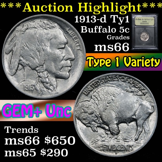 ***Auction Highlight*** 1913-d Ty1 Buffalo Nickel 5c Graded GEM+ Unc By USCG (fc)